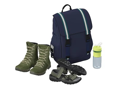 Green Outdoor Boots and Sandals with Blue Backpack Yellow Water Bottle and Soles 3d model
