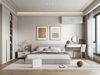 Modern Minimalist Bedroom Interior Design With Comfortable Bed Wall Artworks And Area Rug 3d model
