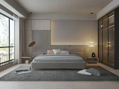 Modern Minimalist Bedroom With Large Windows Bedside Lamps Glass Wardrobe And Light Rug 3d model