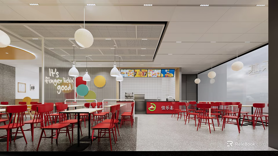 Modern Restaurant Interior With Red Chairs White Tables Wall Slogan And Pendant Lights 3d model 
