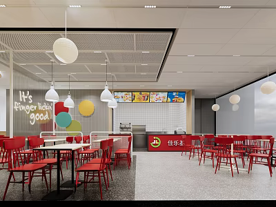 Modern Restaurant Interior With Red Chairs White Tables Wall Slogan And Pendant Lights 3d model
