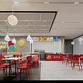 Modern Restaurant Interior With Red Chairs White Tables Wall Slogan And Pendant Lights