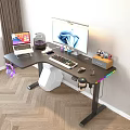 Modern Black Curved Gaming Desk With Dual Monitors Laptop Keyboard Mouse Coffee Cup And Speaker