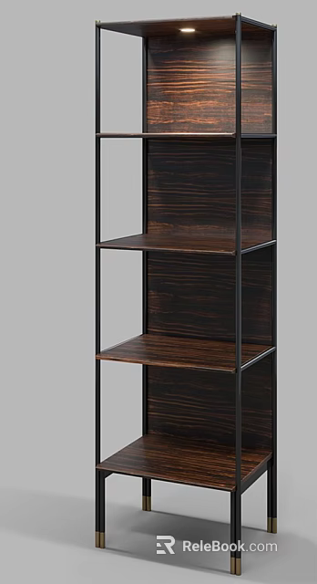 Stylish Dark Brown Wooden Shelving Unit With Black Metal Frame And Three Tiers 3d model 
