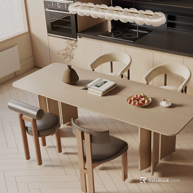 Light Wood Dining Table Set with Cozy Chairs Vase Fruit Platter in Modern Kitchen 3d model 