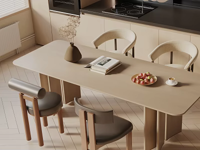 Light Wood Dining Table Set with Cozy Chairs Vase Fruit Platter in Modern Kitchen 3d model