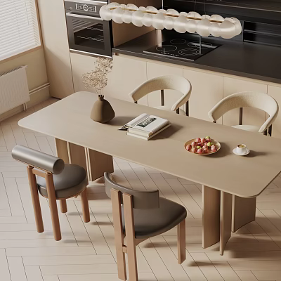 Light Wood Dining Table Set with Cozy Chairs Vase Fruit Platter in Modern Kitchen 3d model