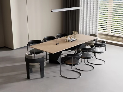 Modern Dining Table and Chairs Set with Wooden Top Black Metal Legs and Gray Seats 3d model