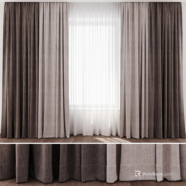 Elegant Gray And Beige Curtains With Sheer Lining For Window Decoration 3d model 