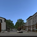 Vibrant Sunset Commercial Street With Traditional Modern Buildings Pedestrians Trees Red Umbrellas And Outdoor Seating