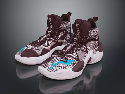 High Top Dark Brown Sneakers With White Blue Accents And Mesh Lace Design 3d model