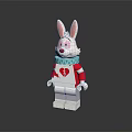 Lego Style Rabbit With Pink Ears Red Nose Red White Outfit Heart Pattern Blue Collar