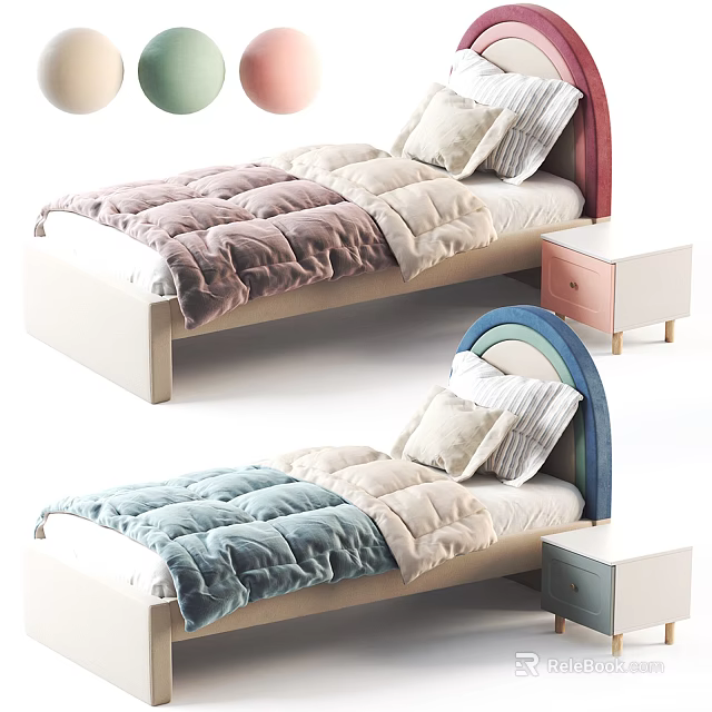 Colorful Single Bed Interior With Rainbow Headboard Velvet Quilt And Nightstand 3d model 