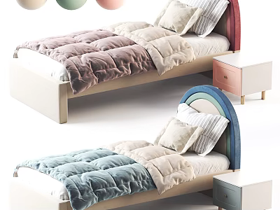 Colorful Single Bed Interior With Rainbow Headboard Velvet Quilt And Nightstand 3d model