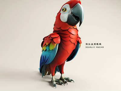 Scarlet Macaw Flying Bird with Red Body and Colorful Wings on White Background 3d model