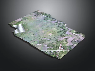 3D Aerial Terrain Model With Green Fields White Structures And Colored Plots 3d model