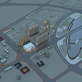 Aerial Planning of Modern Urban Commercial District with High Rise Buildings Shops and Pedestrians