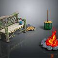 Rustic Outdoor Log Bench Wood Logs Blue Bottle Stump Container Stone Fire Pit Campfire