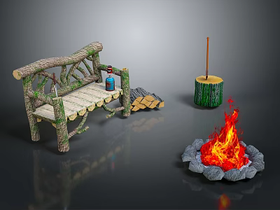 Rustic Outdoor Log Bench Wood Logs Blue Bottle Stump Container Stone Fire Pit Campfire 3d model
