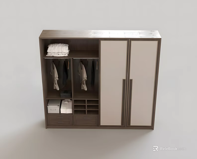 Modern Wardrobe Interior Design With Double Doors Dark Frame Light Panels And Storage Solutions 3d model 
