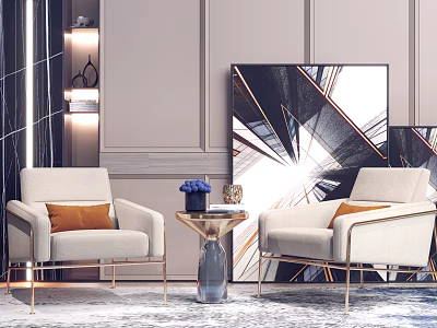 Modern Casual Sofa Set With Beige Upholstery Gold Legs Accent Pillows And Abstract Wall Art 3d model