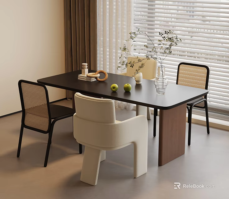 Modern Dining Table Set with Woven Chairs White Chair and Fruit Vase by Window Blinds 3d model 