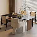Modern Dining Table Set with Woven Chairs White Chair and Fruit Vase by Window Blinds