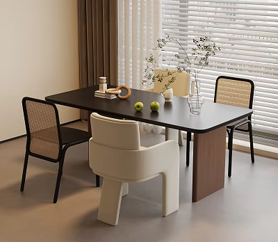 Modern Dining Table Set with Woven Chairs White Chair and Fruit Vase by Window Blinds 3d model