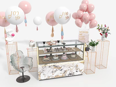 Elegant Display Cabinet with Glass Door Marble Countertop and Pink Balloons for Cake 3d model
