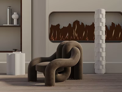 Modern Brown Curved Accent Chair With White Decorative Columns And Wooden Floor 3d model