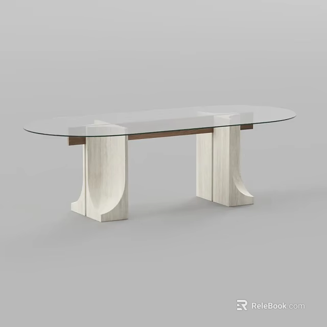 Modern Oval Conference Table With Glass Top And White Wooden Legs 3d model 