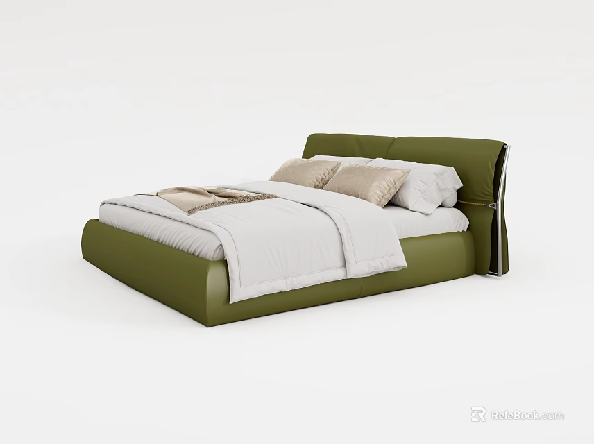 Elegant Modern Green Double Bed With White Bedding And Headboard Cushions 3d model