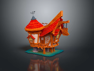 Cartoon Style House Scene With Wooden Structure Red Pointed Roof Small Windows And Weather Vane 3d model