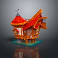 Cartoon Style House Scene With Wooden Structure Red Pointed Roof Small Windows And Weather Vane