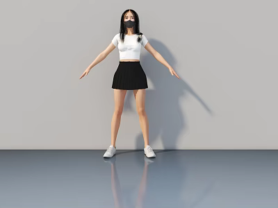 Woman in White Top and Black Skirt Standing on Shiny Floor with Gray Background 3d model