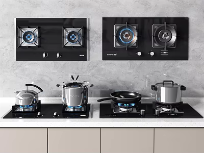 Modern Kitchen Countertop With Black Gas Stoves Cooktops And Pots Pans 3d model