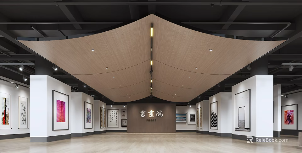 Antique Gallery Interior With Wooden Ceiling Hanging Lights And Artworks 3d model 
