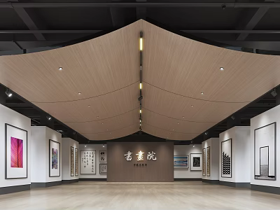 Antique Gallery Interior With Wooden Ceiling Hanging Lights And Artworks 3d model