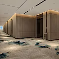 Hotel Corridor With Elevators Recessed Lighting Patterned Carpet And Decorative Painting 3d model