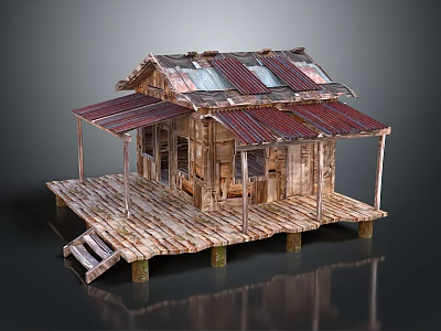 Rustic Wooden House With Multiple Metal Roofs And Elevated Wooden Deck On Stilts 3d model