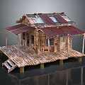 Rustic Wooden House With Multiple Metal Roofs And Elevated Wooden Deck On Stilts