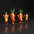 Four Cartoon Anthropomorphic Carrots With Eyes Arms Legs On Dark Background With Reflection