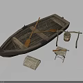 Wooden Boat With Crossed Oars Hanging Bucket Stool And Wicker Basket