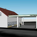 White Gas Station Building With Red Roof Fuel Pumps And ExxonMobil Canopy