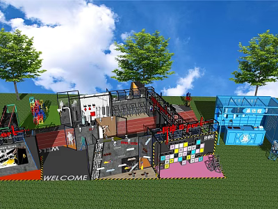 Outdoor Playground With Colorful Structures Slides Trees And Welcome Sign 3d model