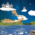 Cartoon Scene With Golden Dragon Chinese Style Buildings On Clouds Starry Sky And Water Surface