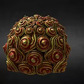 Traditional Red And Gold Lion Head Sculpture With Curled Patterns And Black Eyes