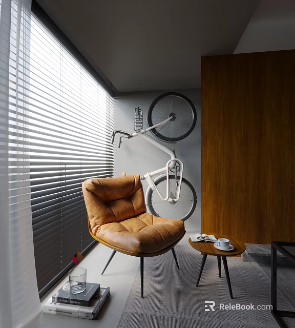 Modern Brown Leather Bean Bag Chair Interior With Side Table Coffee Cup And Wall Bicycle 3d model 