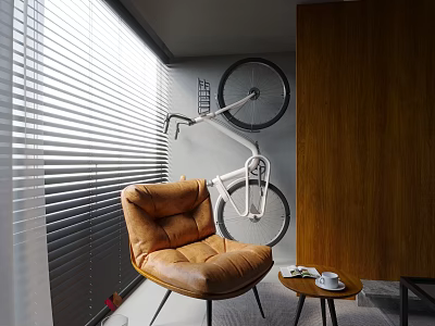 Modern Brown Leather Bean Bag Chair Interior With Side Table Coffee Cup And Wall Bicycle 3d model