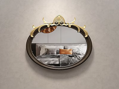 Elegant Oval Bedroom Mirror With Golden Decorative Frame Reflecting Bed And Pillows 3d model